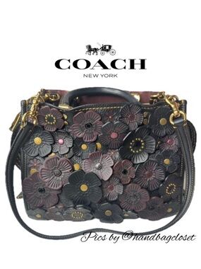 Coach Rogue 25 Black Red Tearose Flower Floral Glovetanned Leather Satchel Bag